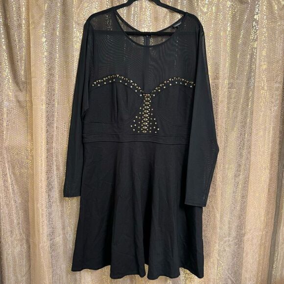 Torrid Black Long Sleeve Mesh Studded Rhinestone Skater Dress 3X 22-24 - Picture 2 of 10